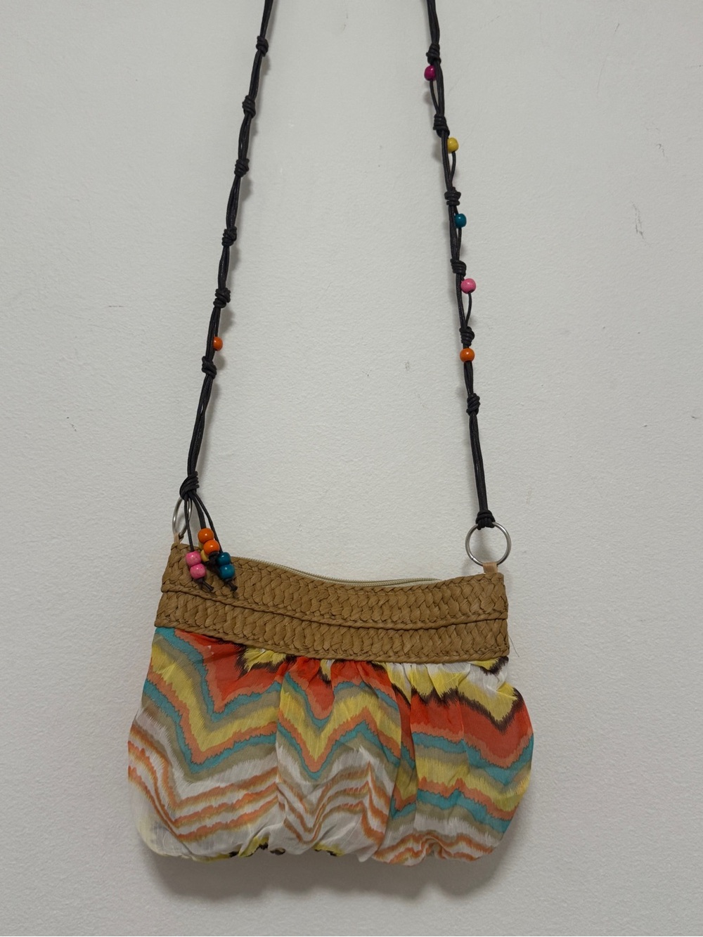 Boho Fabric Crossbody Bag Woven Straw Trim Chevron Print Beaded Purse